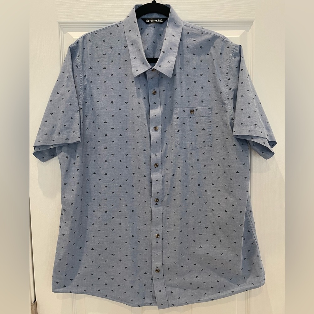 Travis Mathew Button Up Shirt Mens XL Short Sleeve Blue Speckled White with Navy